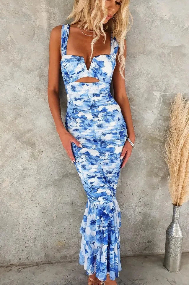 Monalisa - Elegant Printed Strappy Midi Dress