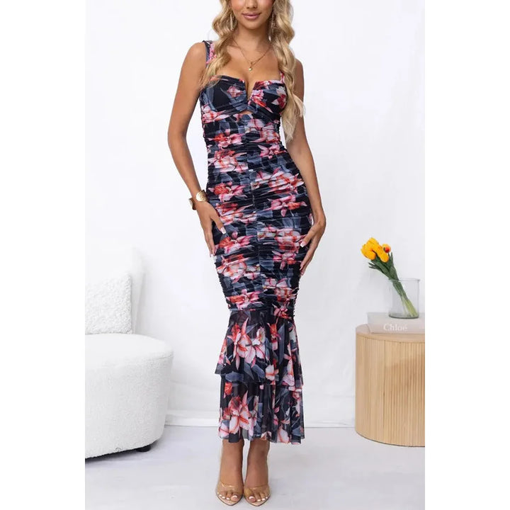 Monalisa - Elegant Printed Strappy Midi Dress