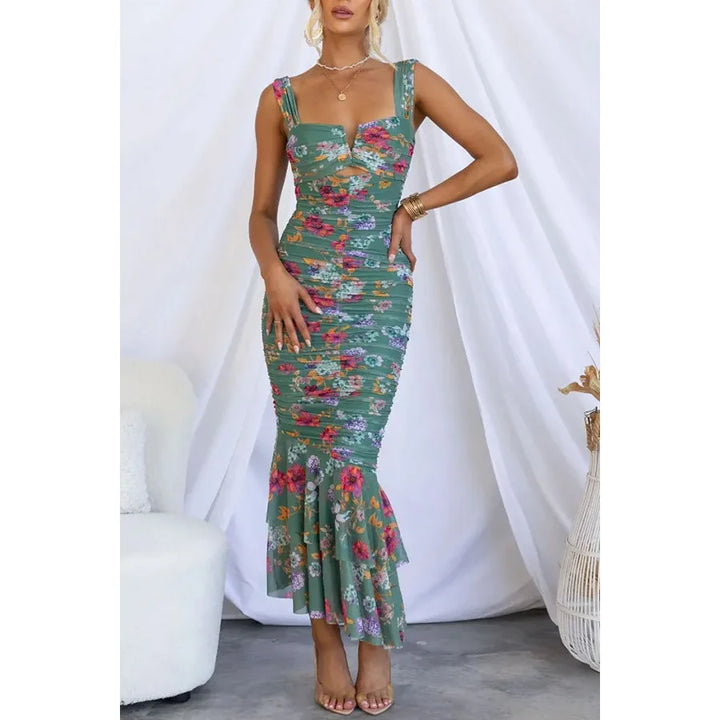 Monalisa - Elegant Printed Strappy Midi Dress